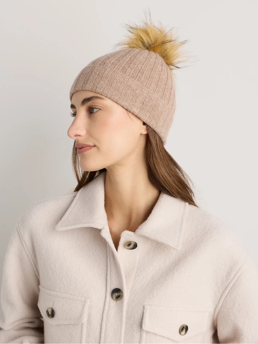 NWT QUINCE Mongolian Cashmere Pom Pom Beanie One Size Oatmeal 8205